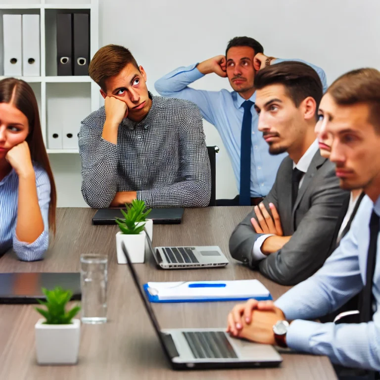 A corporate office scene showing a group of frustrated employees sitting around a conference table. One person, visibly disengaged and looking bored, is distracted or misaligned with the rest of the team. The other team members are showing signs of frustration, such as facepalms, crossed arms, and disappointed expressions. The setting includes typical office decor, with laptops, papers, and a whiteboard in the background.