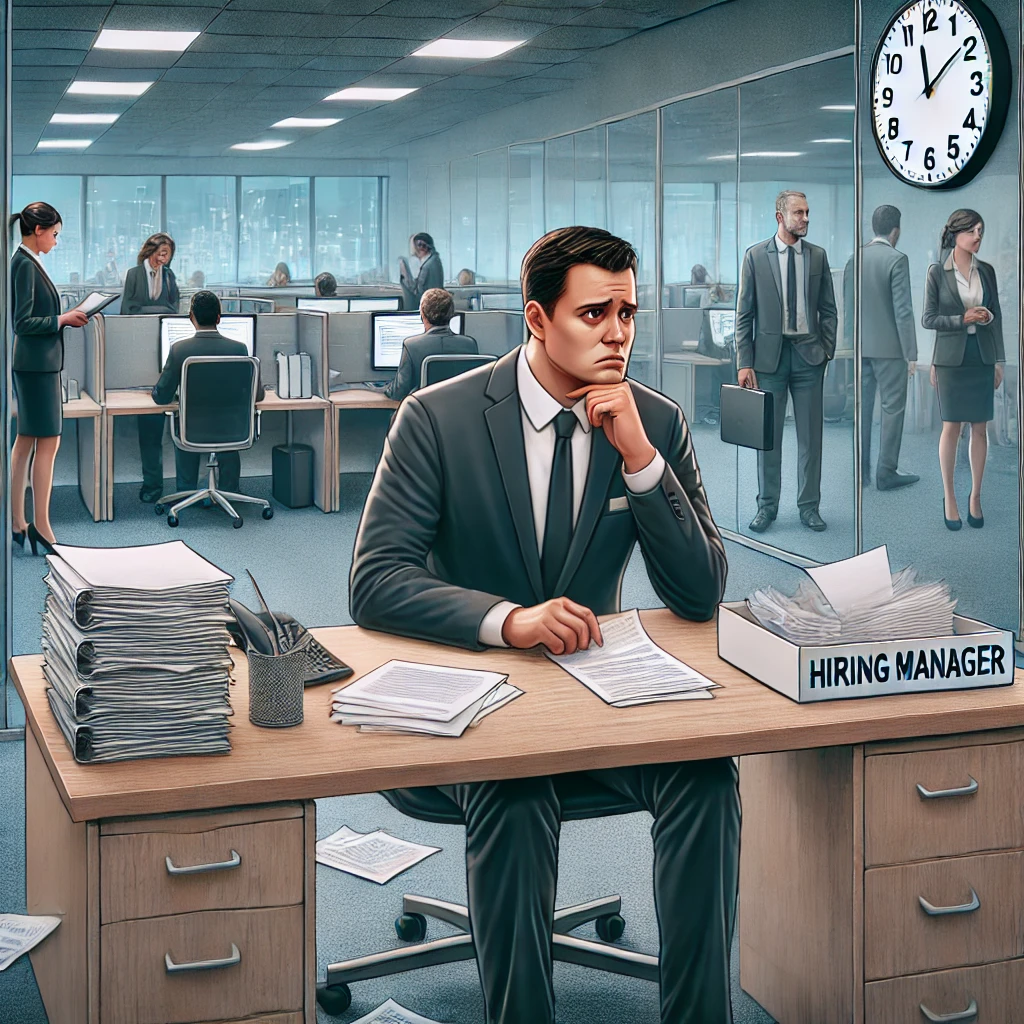 hiring manager hesitation illustration showing stressed manager at desk